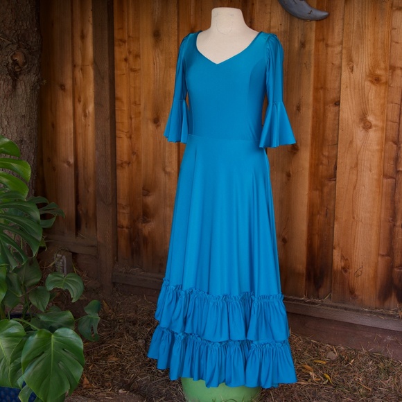 Vintage Handmade Turquoise Blue Ruffle & Tiered Maxi Dancing Dress Woman's M/L - Picture 3 of 16